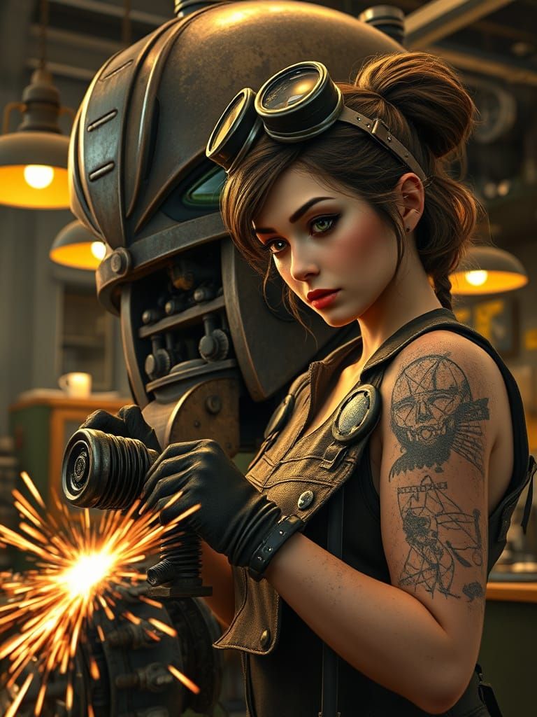 Atom-Punk Mechanic Repairs Robot Engine in Workshop