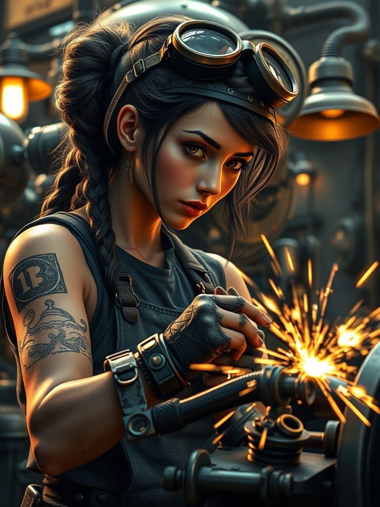 Atom-Punk Mechanic Working on Robot Engine