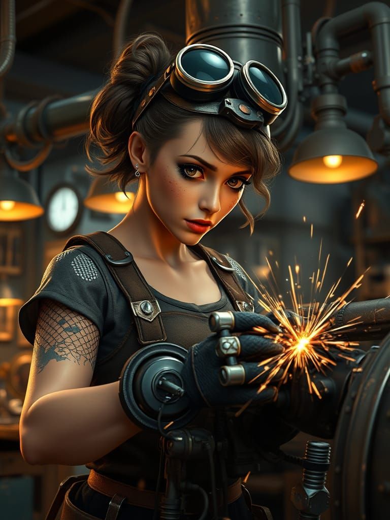 Atom-Punk Mechanic Repairs Robot Engine: 3D Anime Art