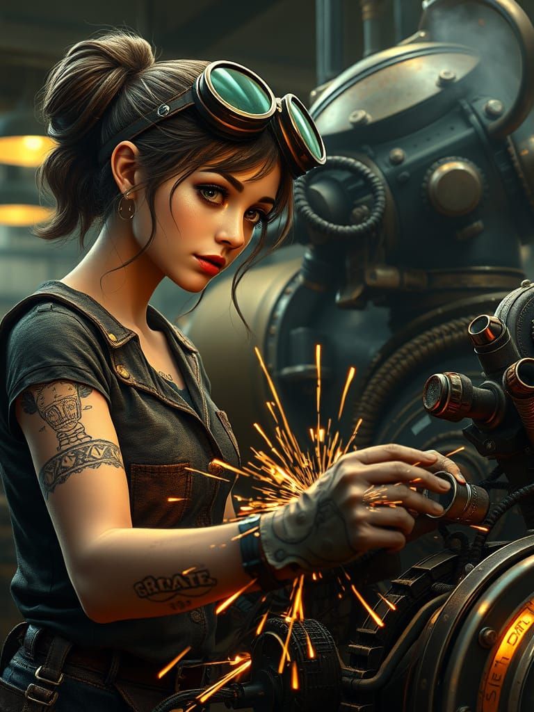 Atom-Punk Mechanic Repairs Robot Engine
