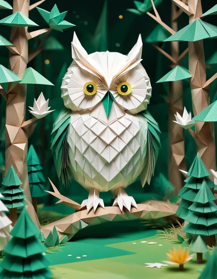 Intricate 3D Origami Owl in Emerald Forest