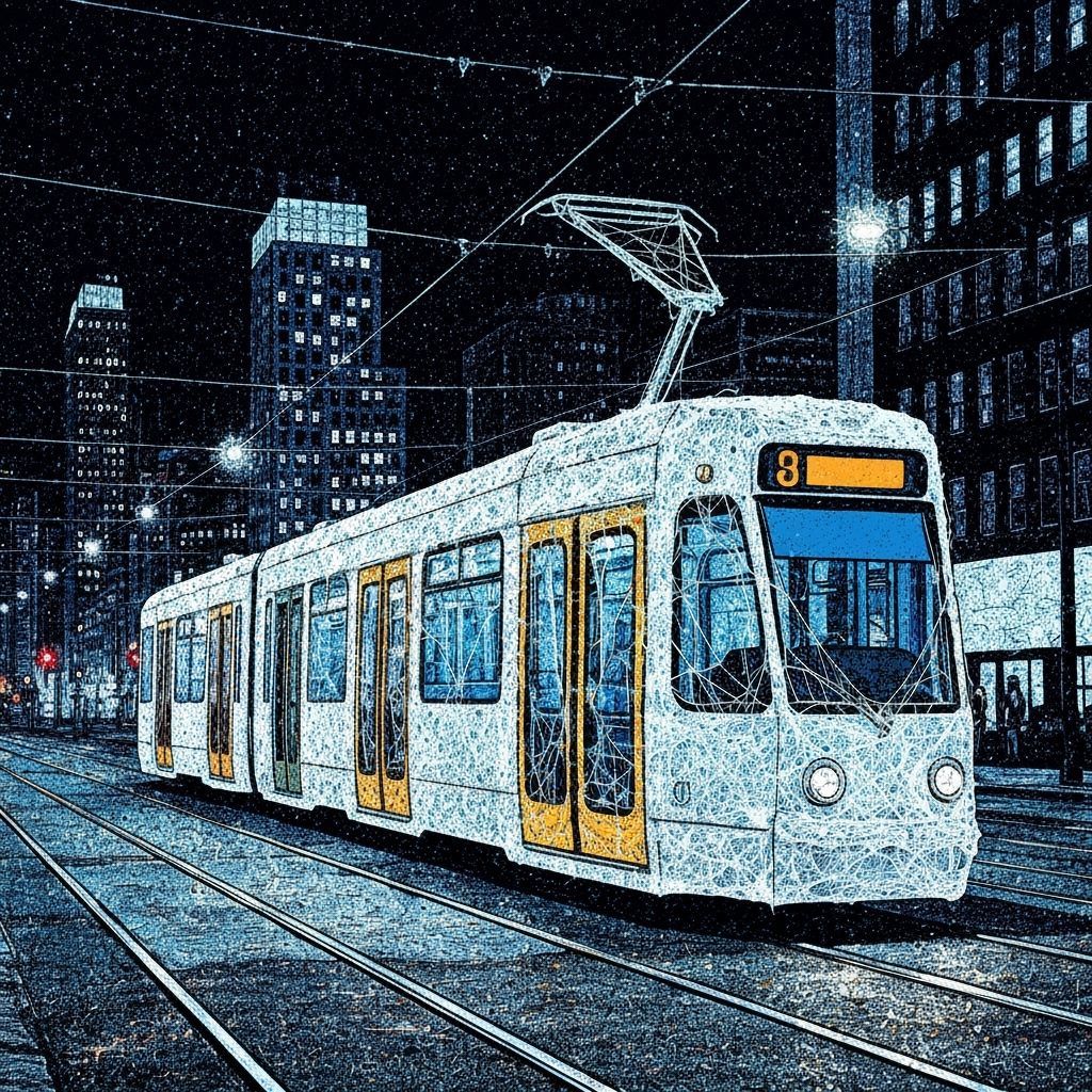 Spiderweb Tram in Moonlit Cityscape