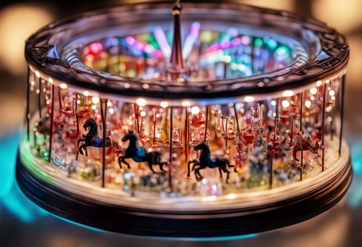 Macro Shot of Glowing Miniature Carousel in Resin Ring
