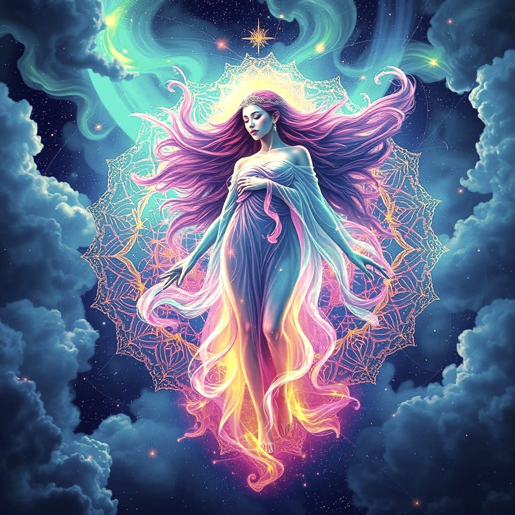 Cosmic Holographic Astral Landscape in Vibrant Mixed Media