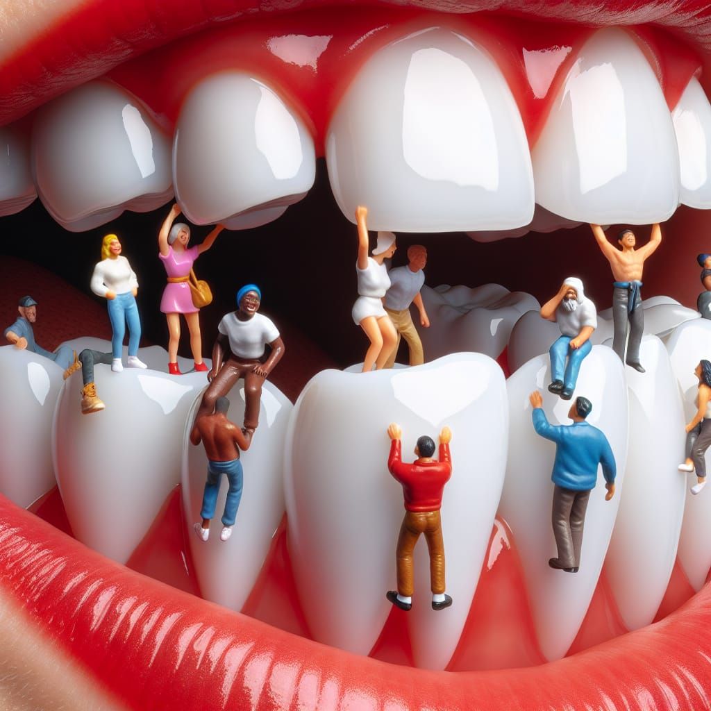 Surreal Mouthscape: Miniature Climbers on Gleaming Teeth