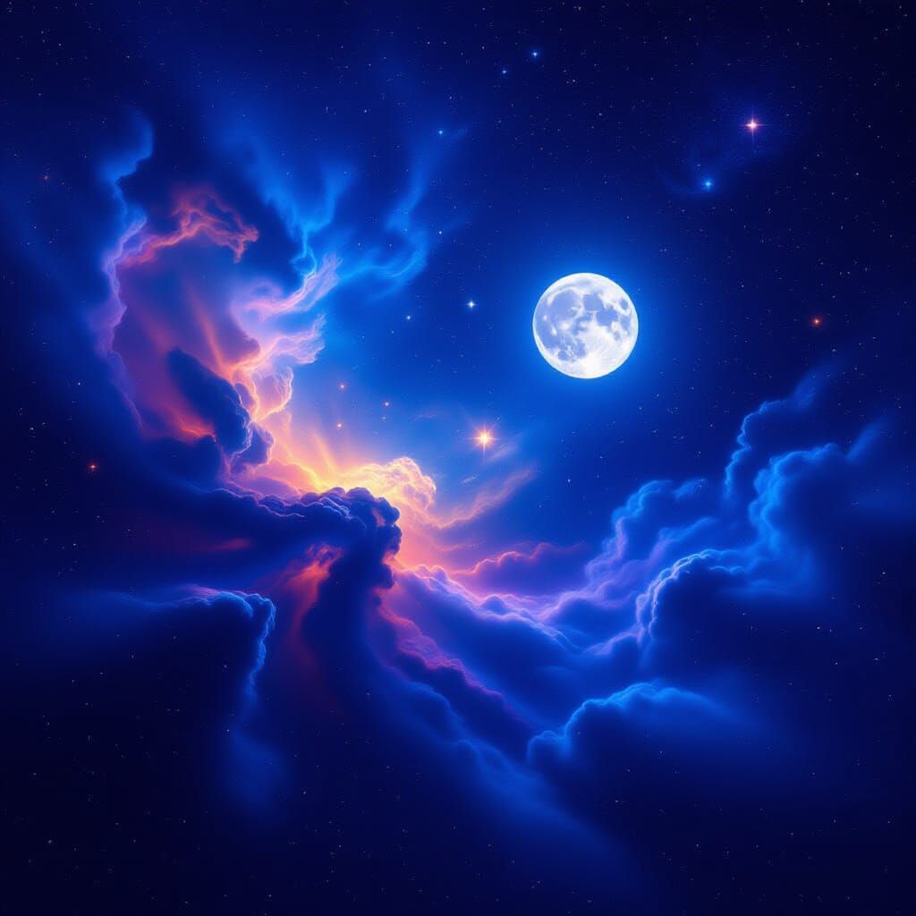 Vast Night Sky with Luminous Moon and Cosmic Dust