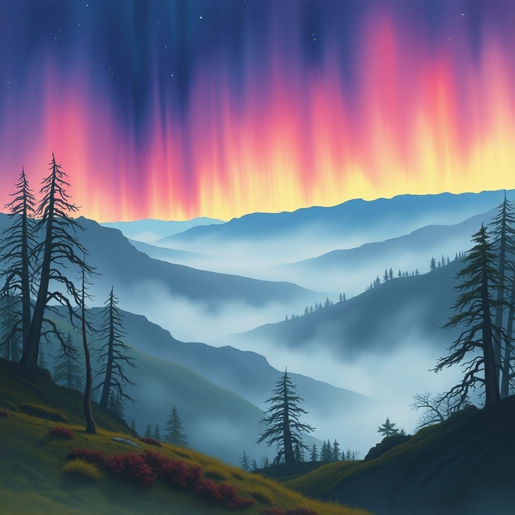 Ethereal Spirit Realm with Aurora Sky as Watercolor Painting