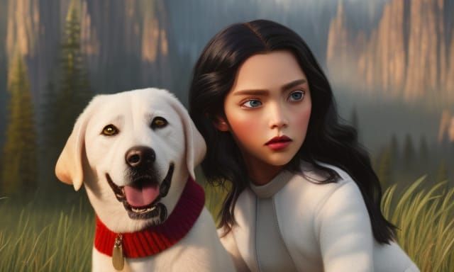 Girl and Dog Selfie in Watercolor Comic Art Style