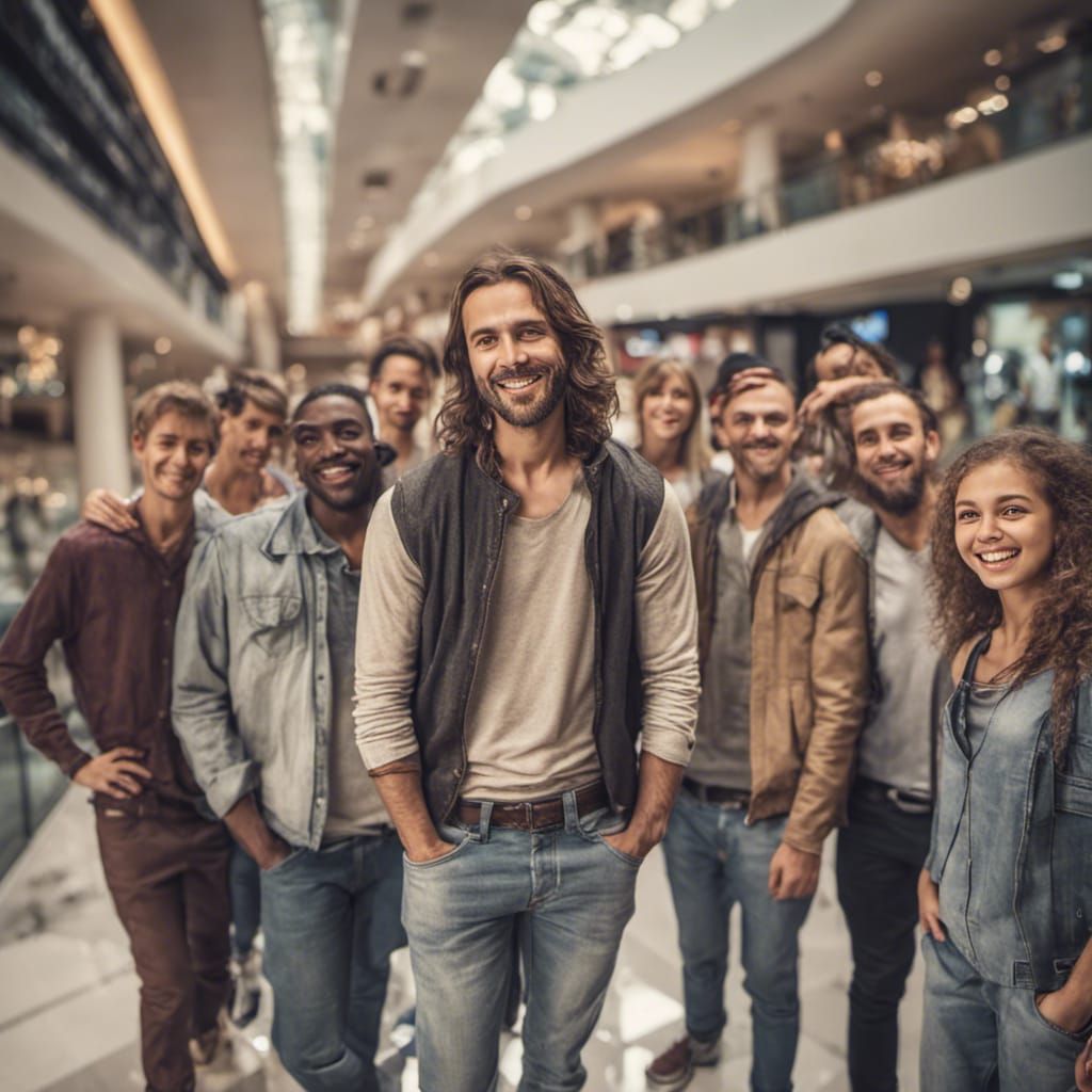 30-year-old Jesus Christ smiling and wearing modern regular clothes. Surrounded by a happy and diverse group of young fr...