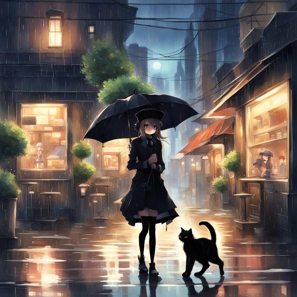 Rainy Night Stroll in Anime Style
