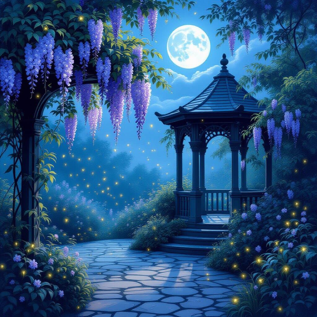 Moonlit Garden Gazebo in Pre-Raphaelite Style