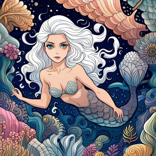 Kawaii Mermaid Coloring Page in Cartoon Style