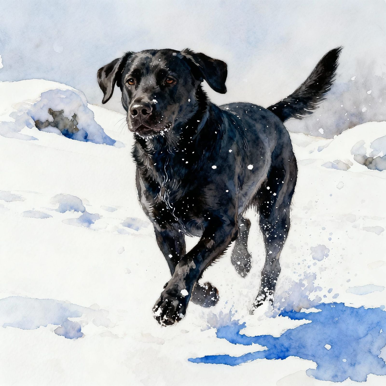 Black Labrador Runs Through Snowy Landscape in Watercolour