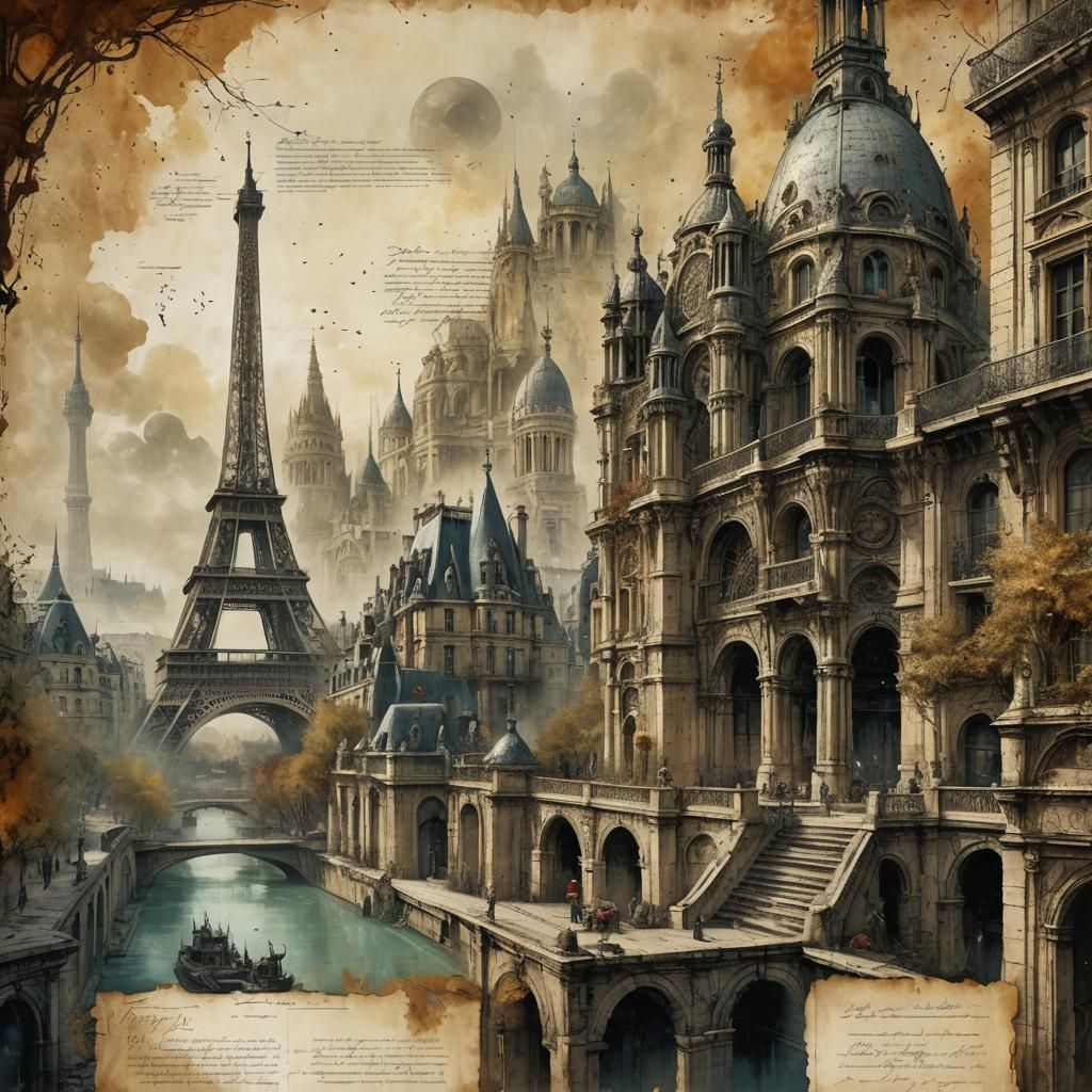 Fantasy Illustration of Paris Monuments in Mixed Media