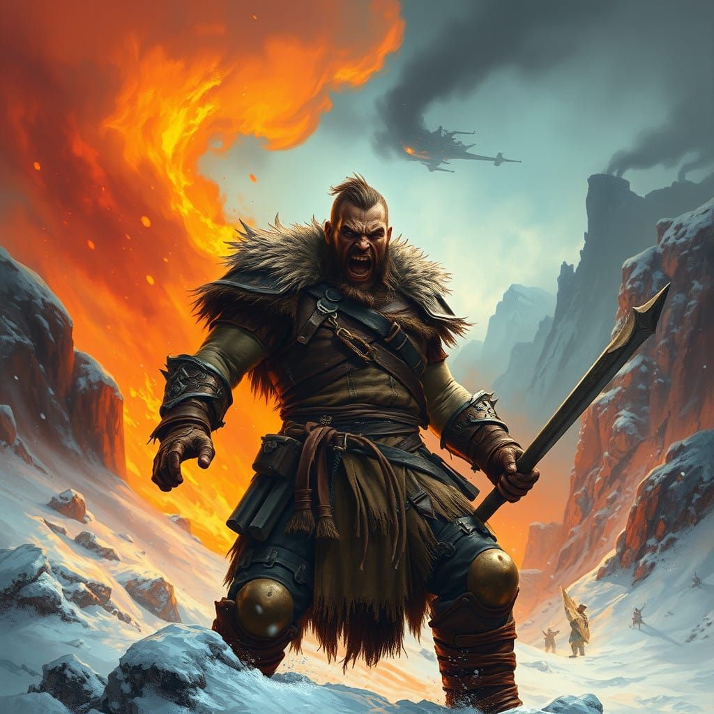Fierce Winter Warrior Unleashes Inner Beast in Fiery Landsca...