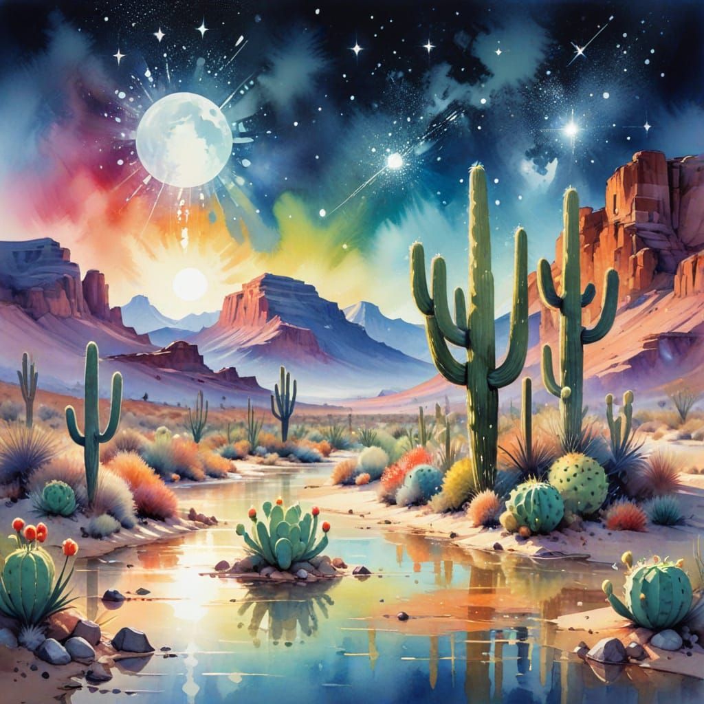 Phosphorescent Desert Oasis in Watercolor Style