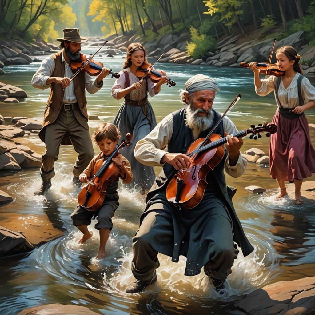 Fiddler and Children River Dancing: Hyperrealistic Splash Ar...