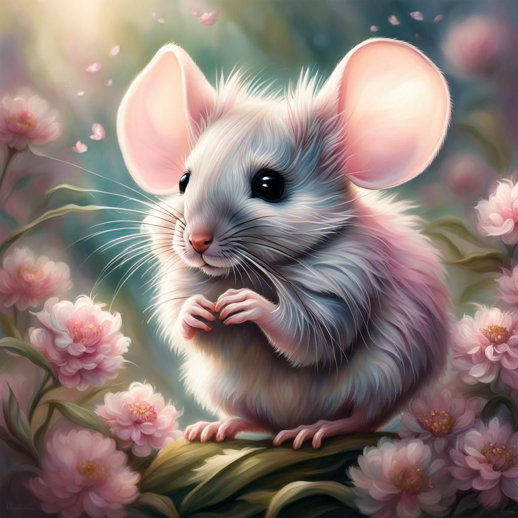 An adorable little grey mouse, with pink flowers