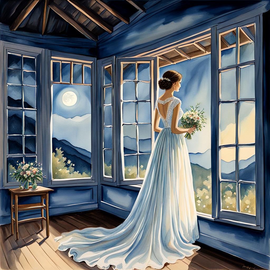 Moonlit Wedding Gown: Delicate Gouache Painting