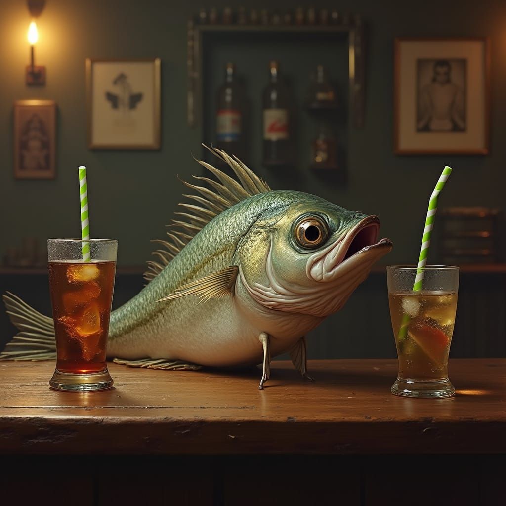 Drunk Herring Fish Enjoys a Drink at the Bar