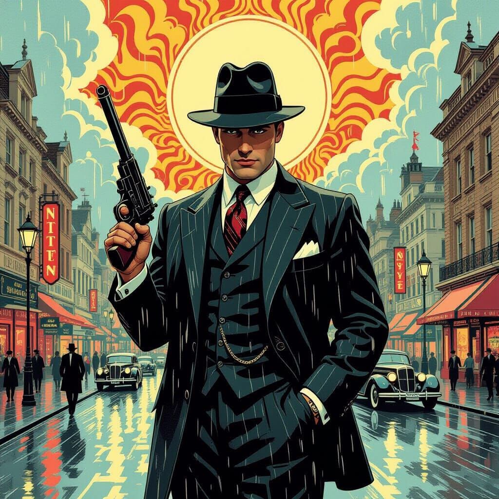Gangster in Brighton with Tommy Gun in Art Deco Style