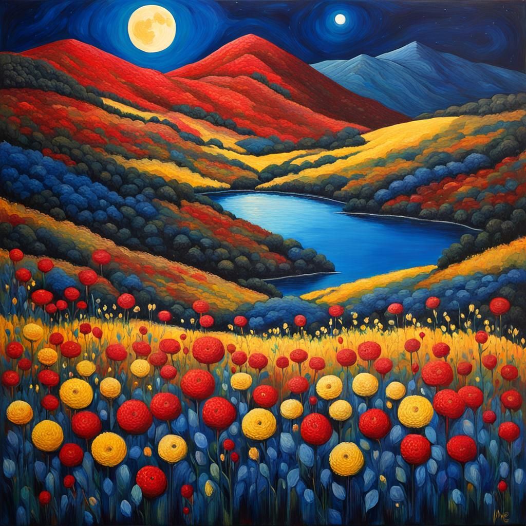 Acrylic Ink Flowers in Moonlit Valley: Expressionist Paintin...