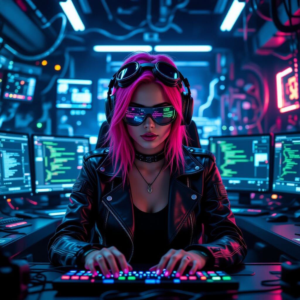 Cyberpunk Hacker in High-Tech Command Center
