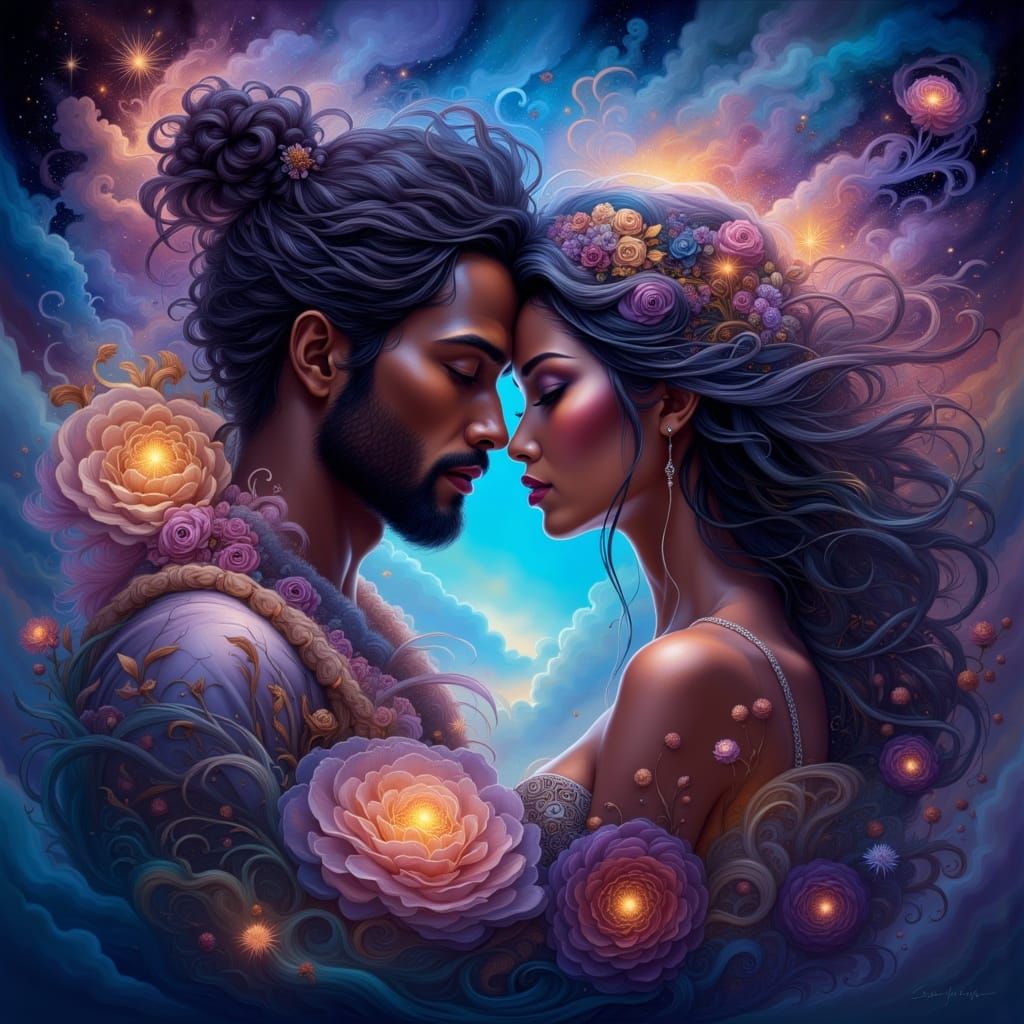 Cosmic Māori Lovers in Serene Embrace