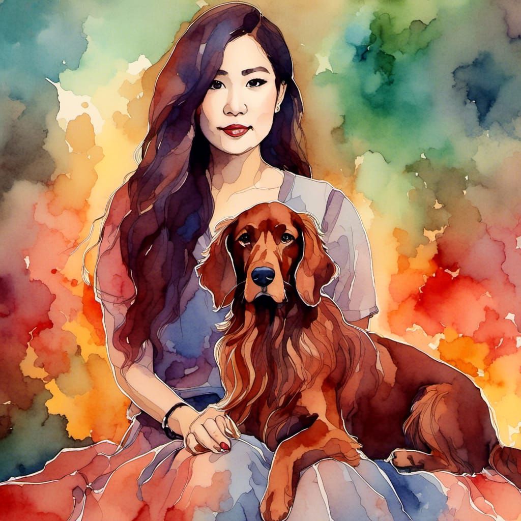Vietnamese-American Model with Dog in Digital Watercolor