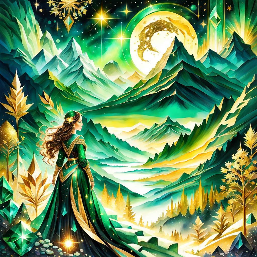 Emerald Crystal Girl's Cosmic Dreamscape in Watercolor
