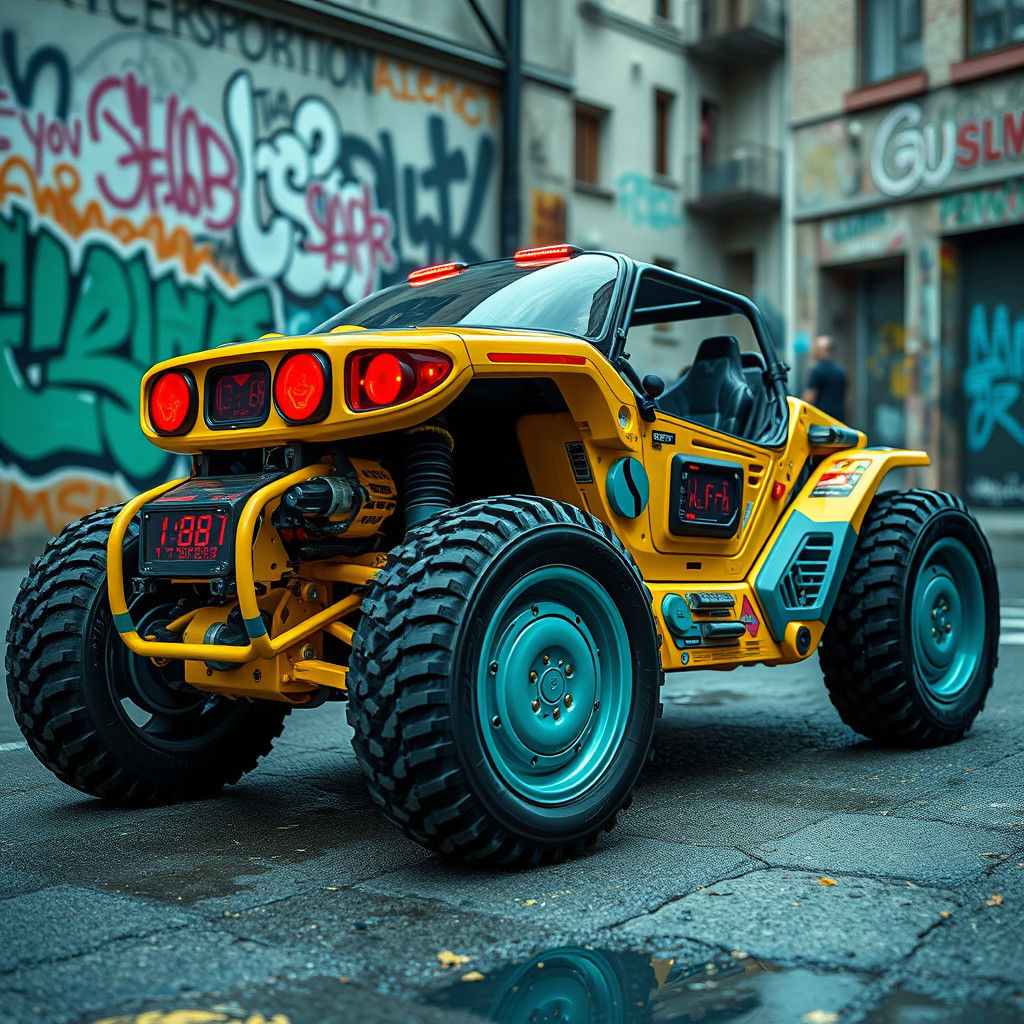 Cyberpunk Future Buggy in Graffiti-Covered Street