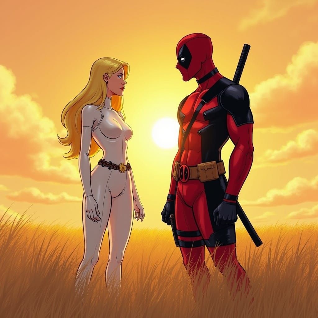 Emma Frost and Deadpool in Golden Field at Sunset