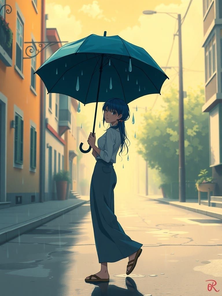 Surreal Rainy Day Stroll in Dreamlike Dark Fantasy