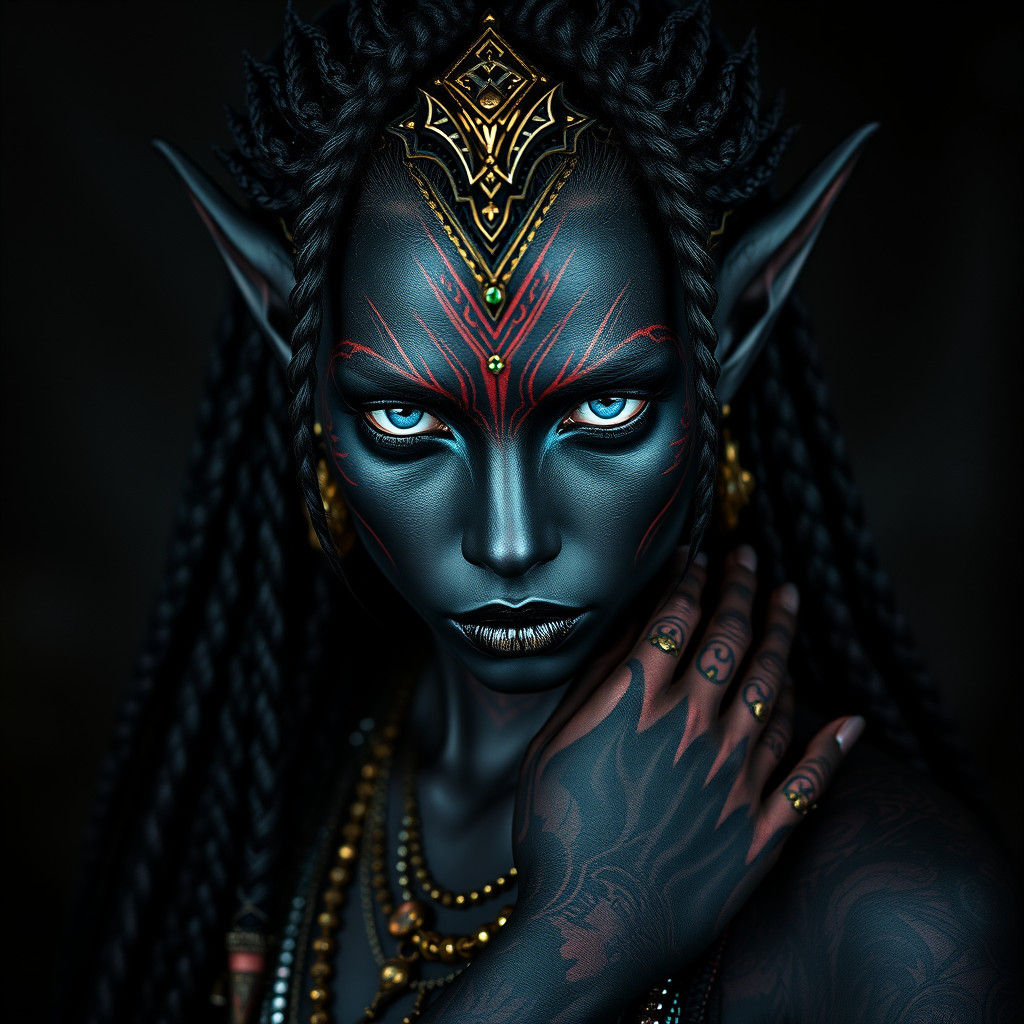 Ethereal Dark Elf Shaman in Cyberpunk Attire