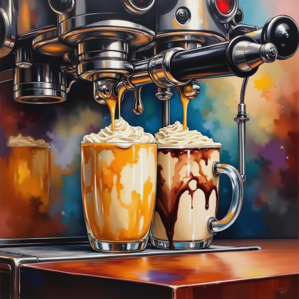 Espresso Machine Pours Creamy Milkshakes in Vibrant Painting