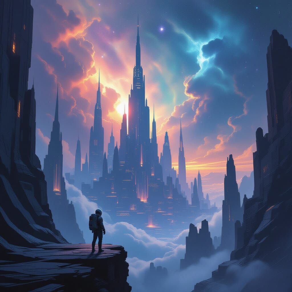 Astronaut Gazes Upon Colossal Alien City in Nebulae Sky