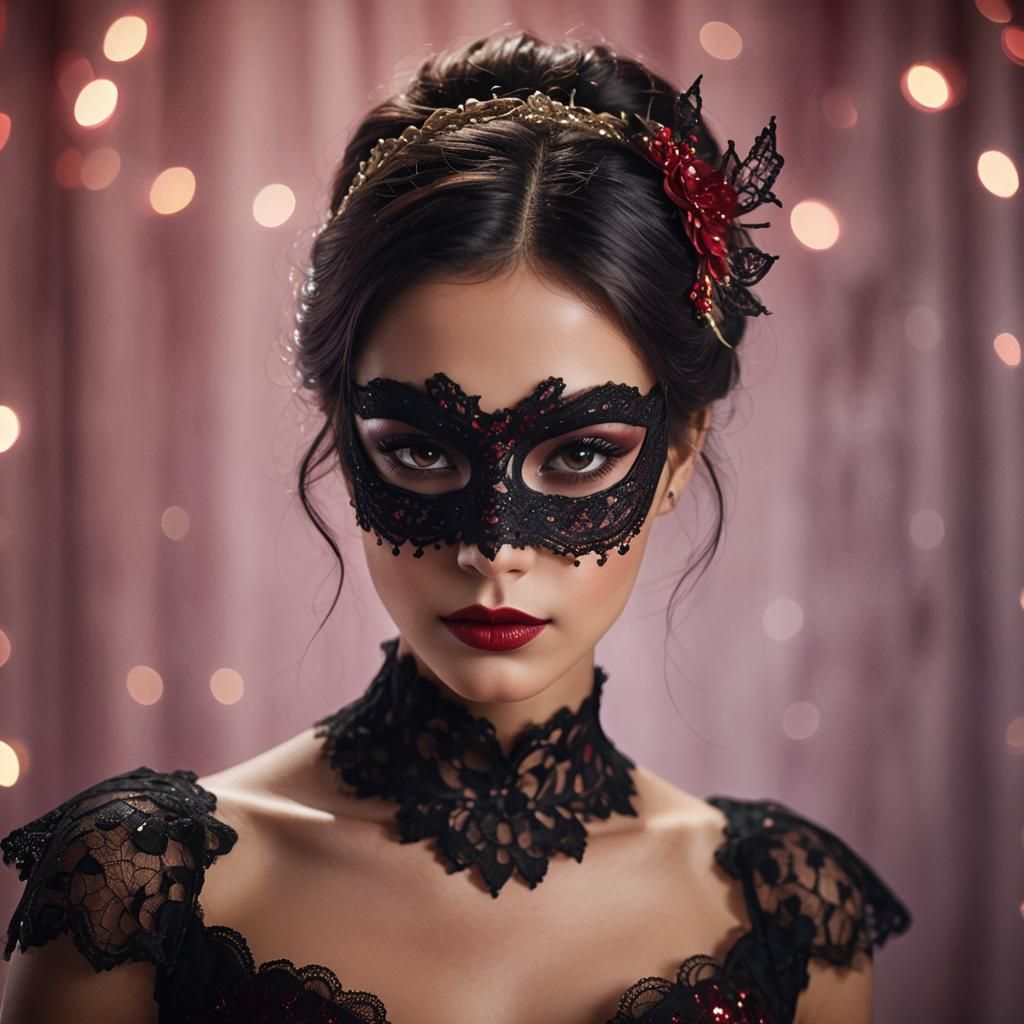 Woman in Black Lace Mask with Red Glitter