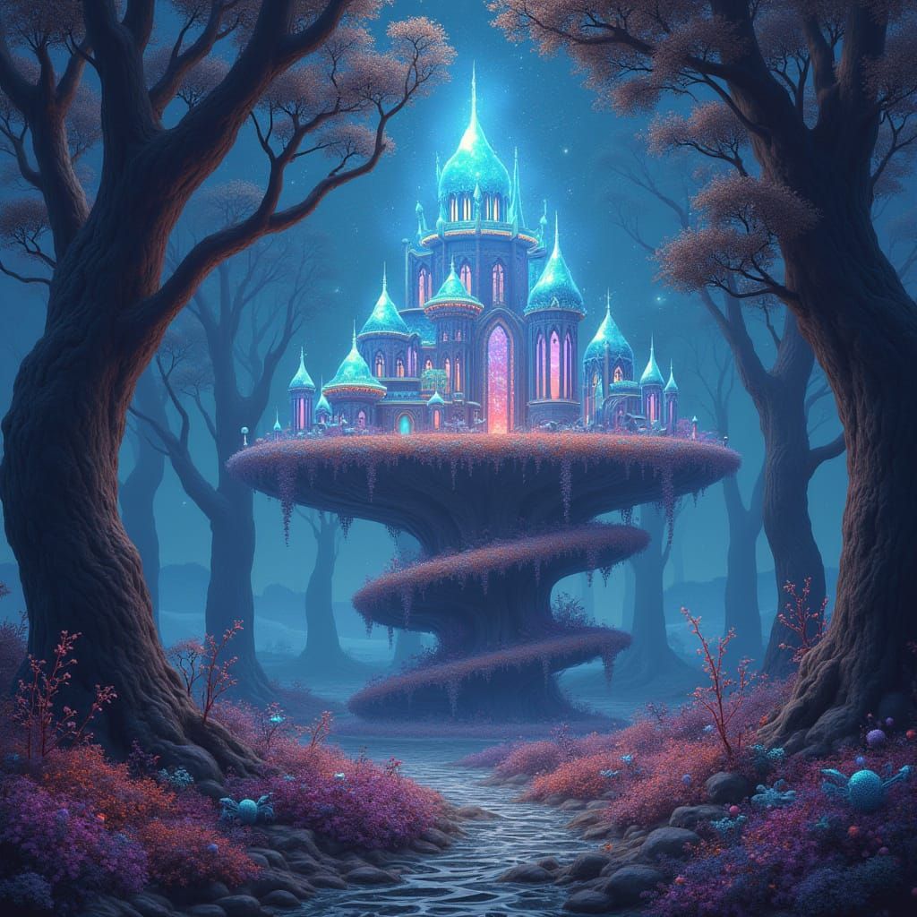 Ethereal Crystal Palace in a Solarpunk Tree Settlement