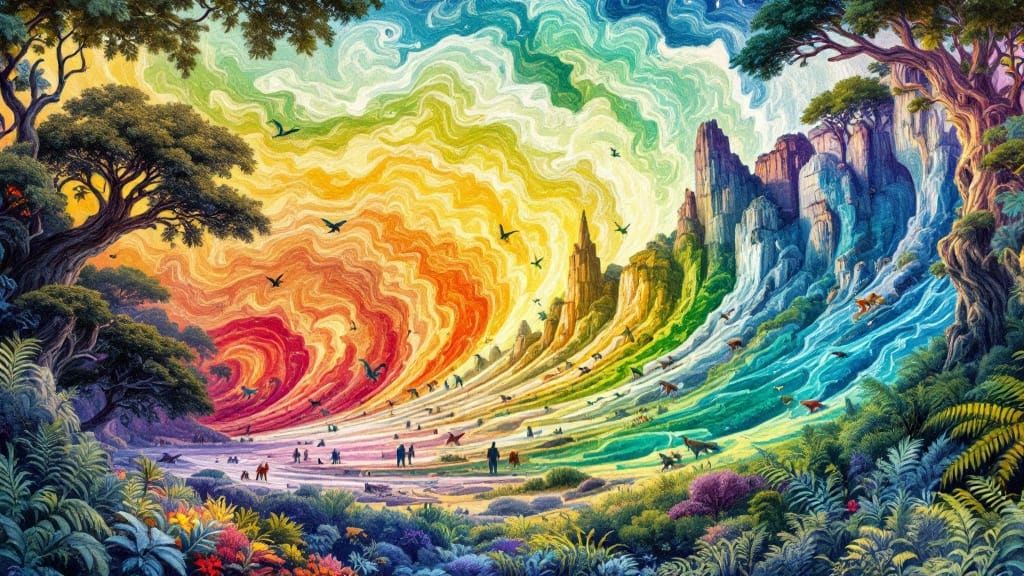 Surreal Geologic Time Scale Illustration in Whimsical Style