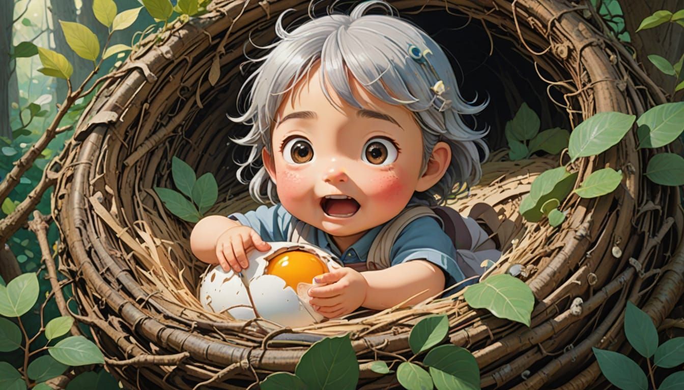 Whimsical Baby Girl Emerging from Egg in Bird's Nest, Ghibli...