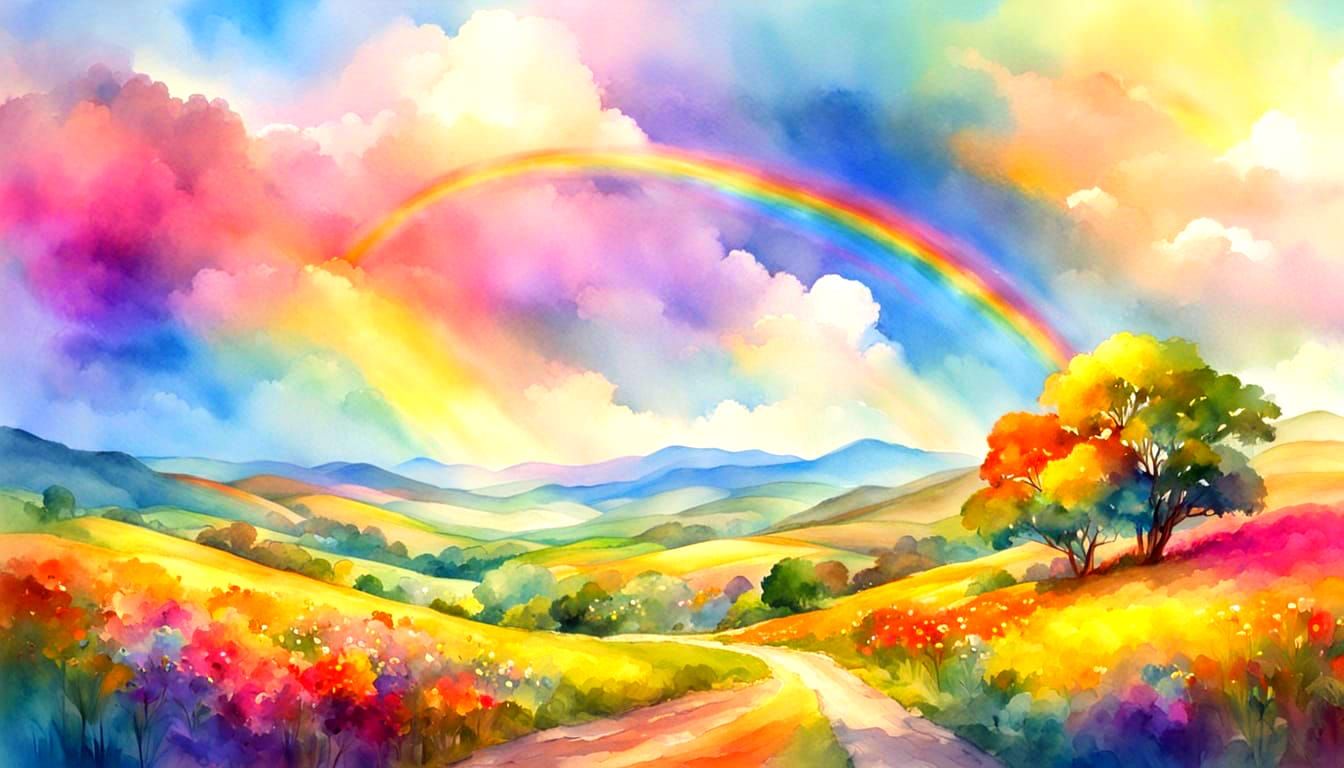 Dreamlike Watercolor Landscape with Rainbow