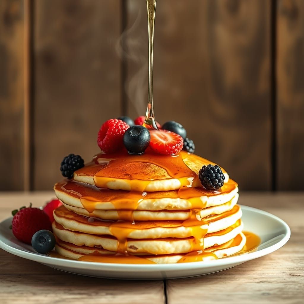 Golden Pancakes with Syrup and Berries