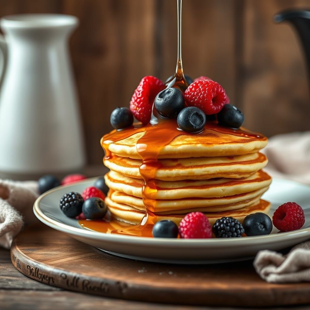 Golden Pancakes with Syrup and Berries