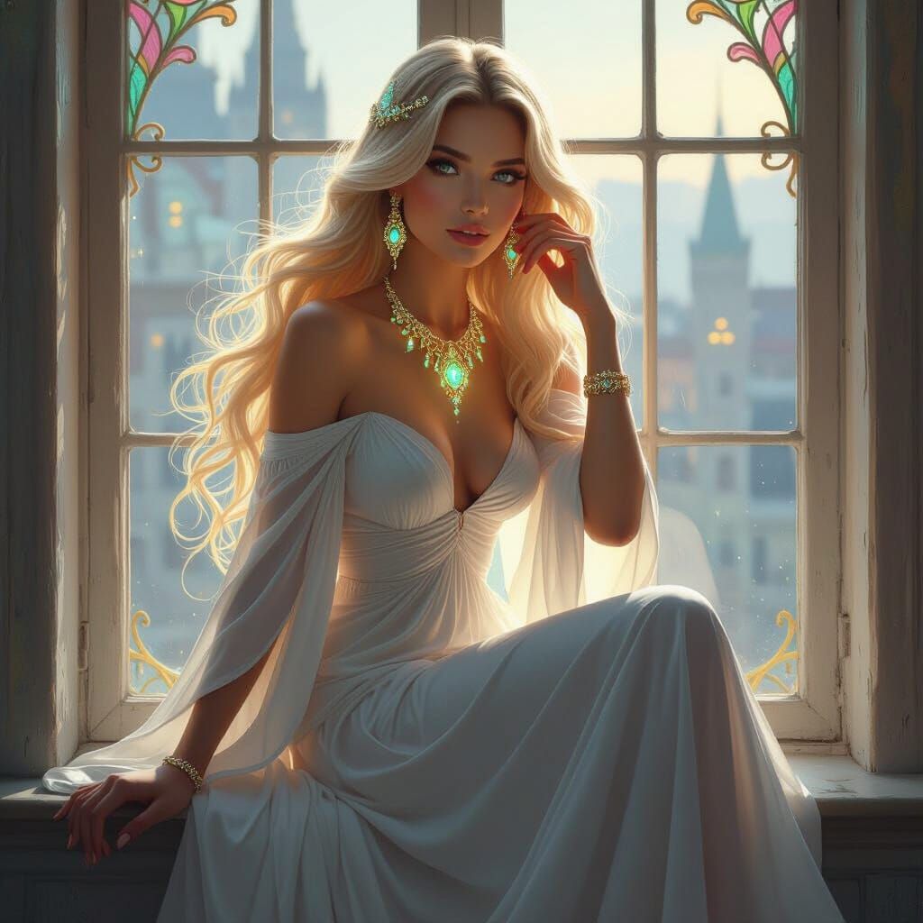 Ethereal Woman with Bioluminescent Hair, in Art Nouveau Styl...