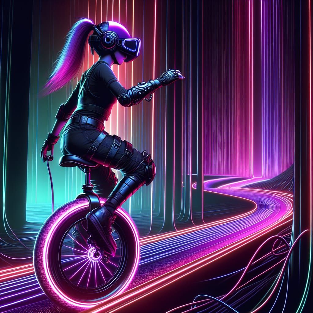 Girl on Unicycle in Neon VR Fantasy Art