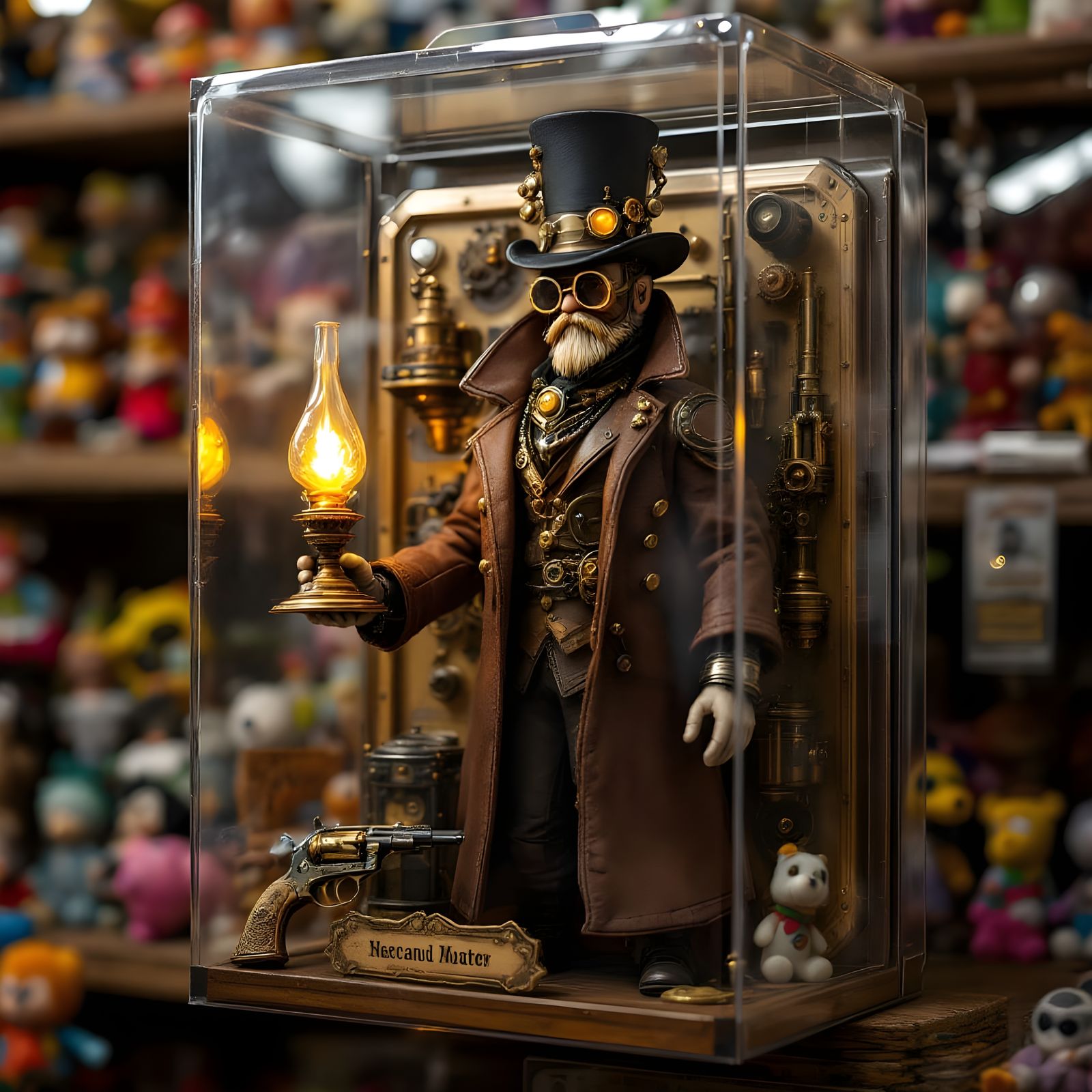 Steampunk Action Figure on Toy Shelf, Cinematic Still