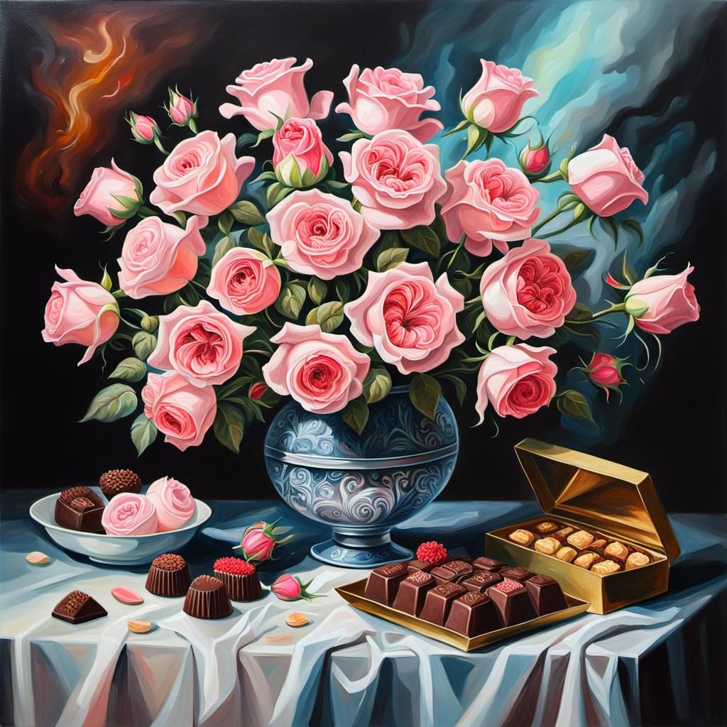 Dreamy Still Life Painting of Roses and Chocolates