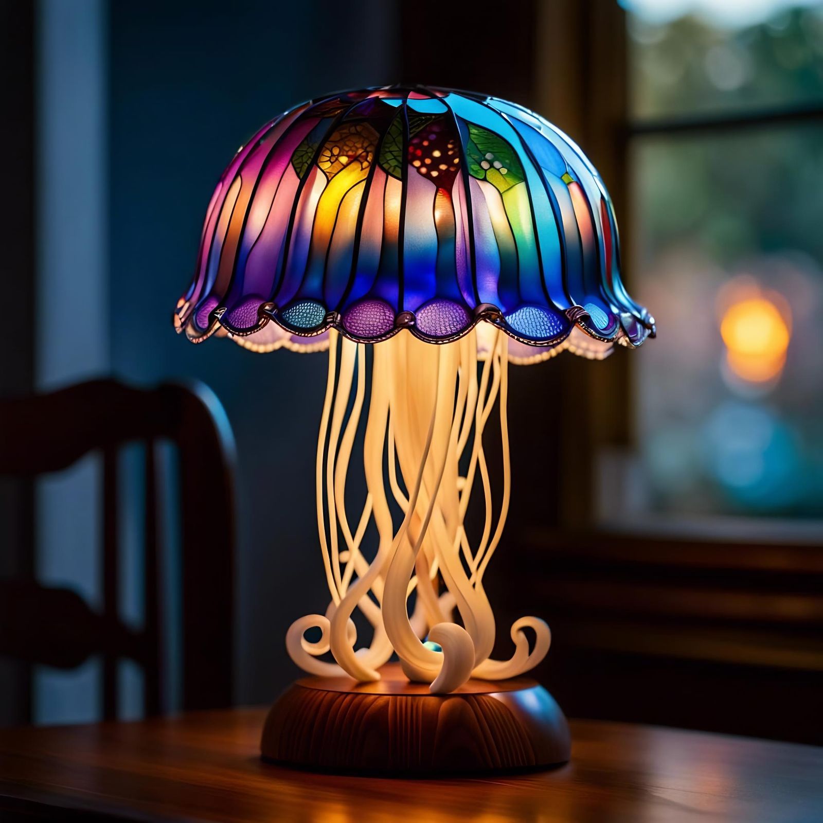 Stained Glass Jellyfish Lamp Figurine on Wooden Table