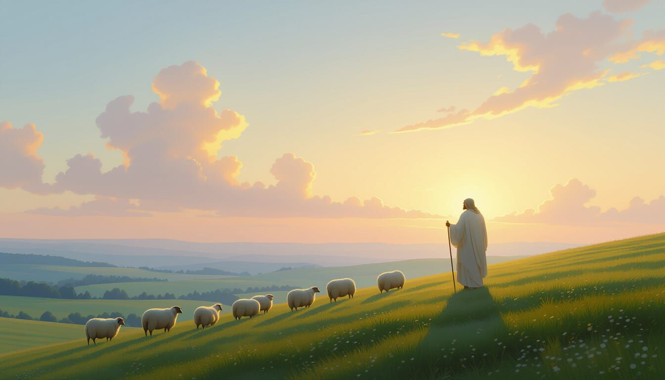 Ethereal Landscape with Shepherd and Flock in Golden Light
