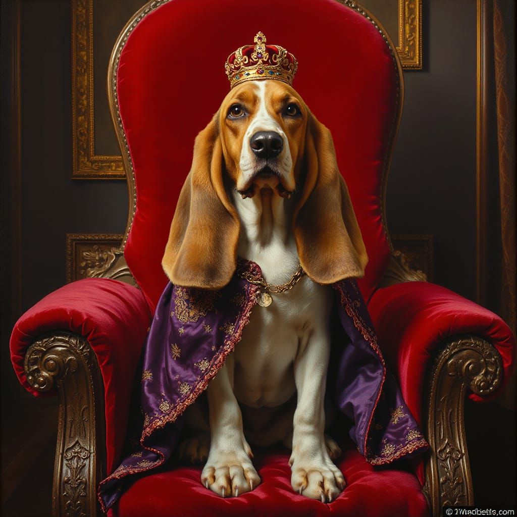 Majestic Basset Hound King on Velvet Throne